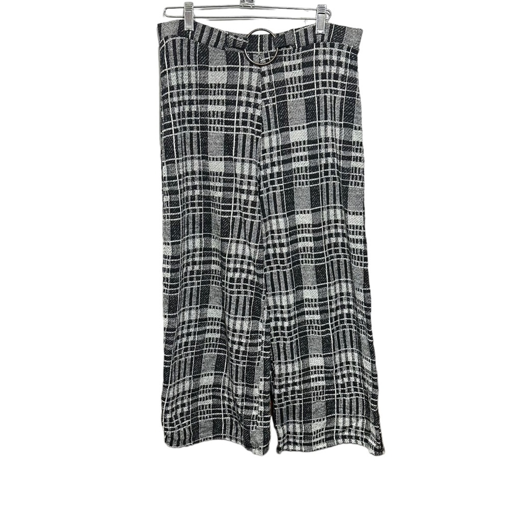 Zara Trafaluc Women Sz L Pants Black Knit Plaid Pull On Buckle Modern Wide Leg